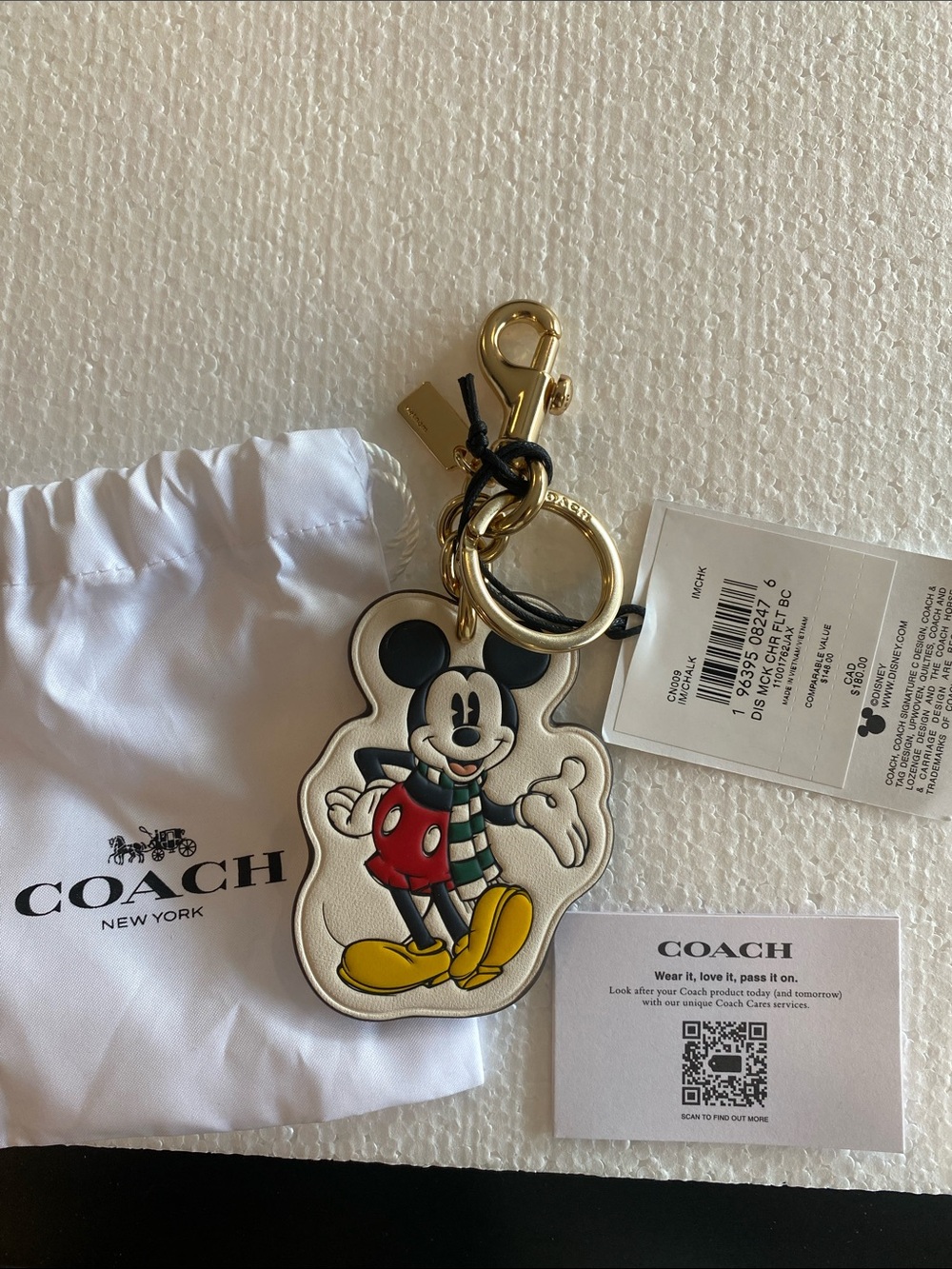 NWT Coach Mickey Mouse Leather Key Charm — White, Red, Yellow, Black